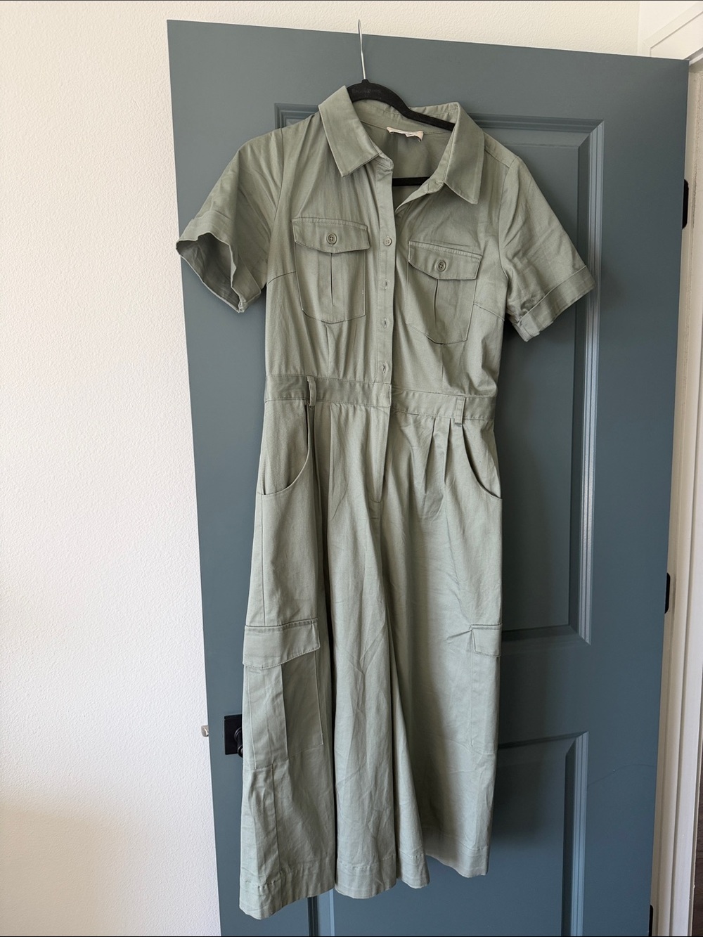 Utility Shirt Wide Leg Jumpsuit in Sage Green